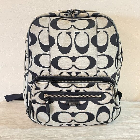 Coach Backpack F24365 Signature C Logo Black Gray Silver Large Metallic Outline - Picture 1 of 8